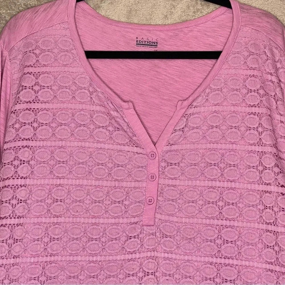 Basic editions 2X Top Shirt Purple Lace Over Henley Roll Tab Long Sleeve Cotton - Picture 3 of 7